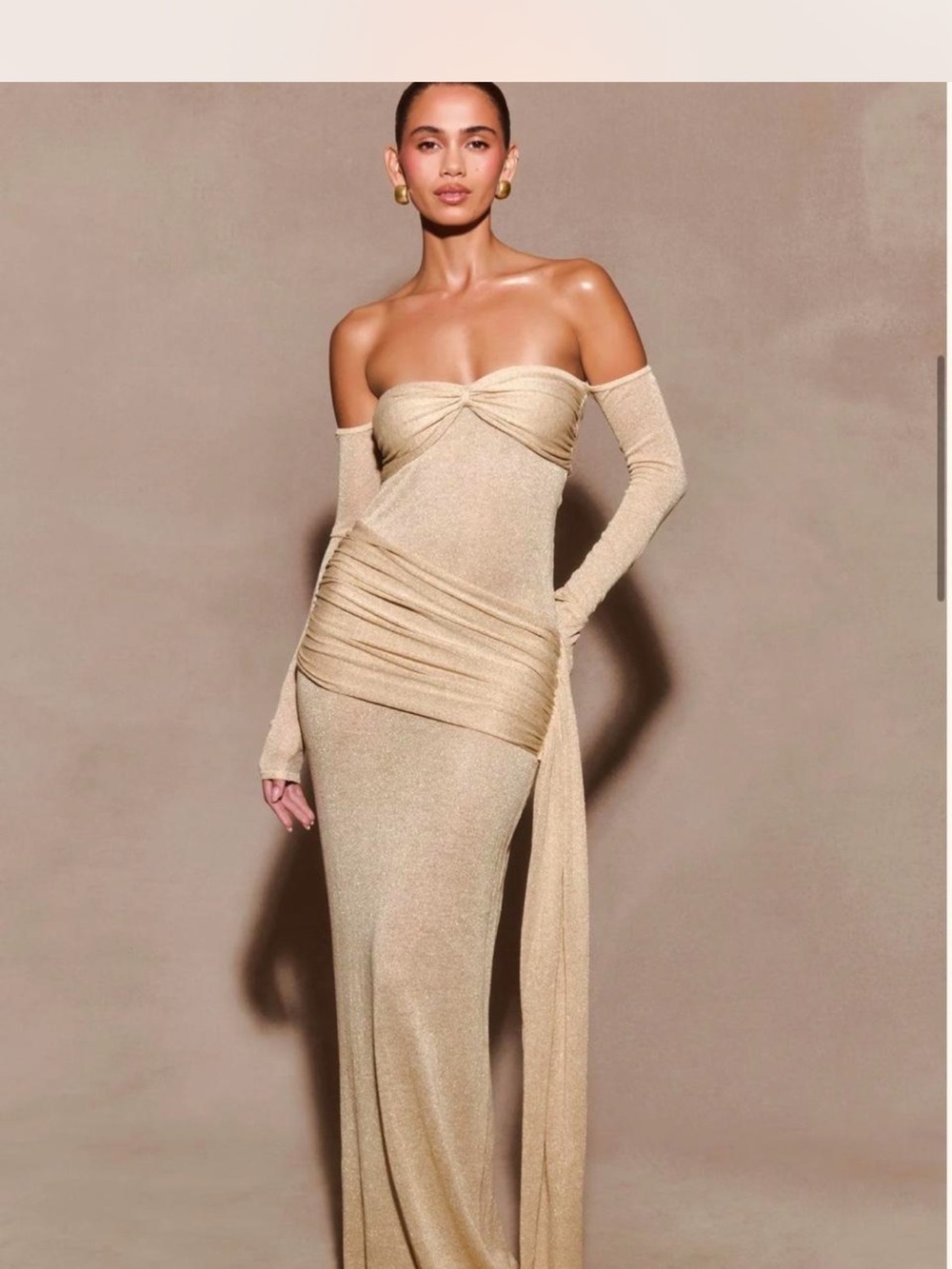 Off-Shoulder Metallic Gold Evening Dress